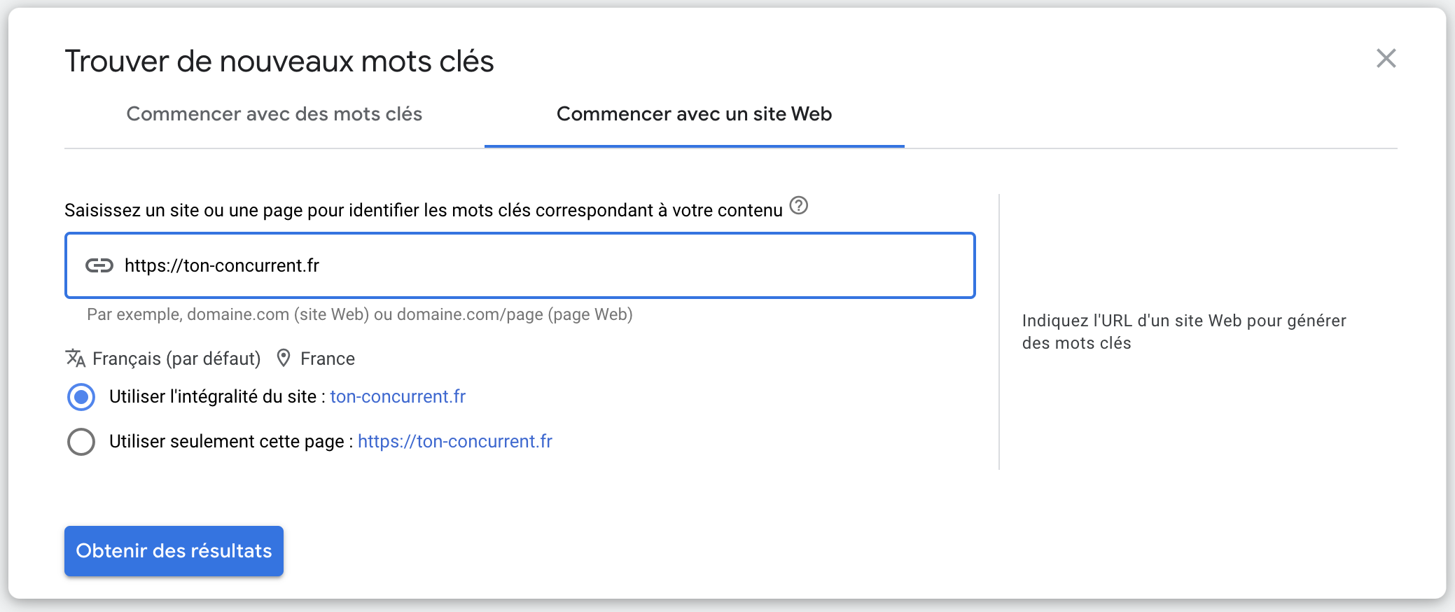 Analyse mots-clés d'un site internet avec keyword planner de Google Ads